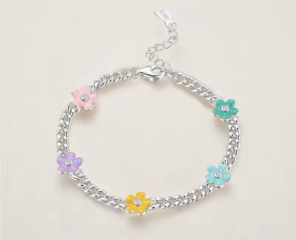 925 Sterling Silver Colourful flower bracelet