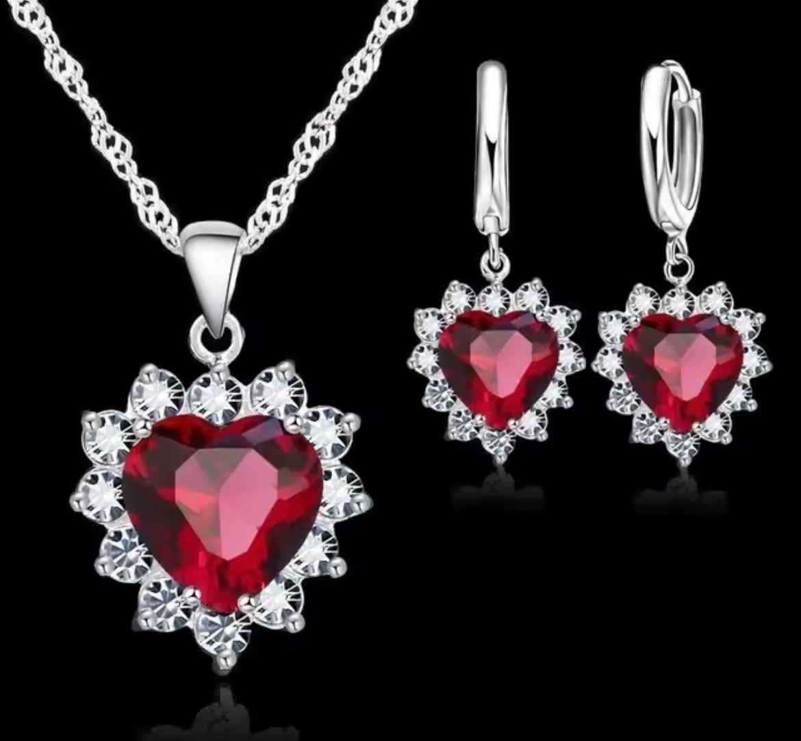 925 Sterling Silver Heart Necklace & Earring Set