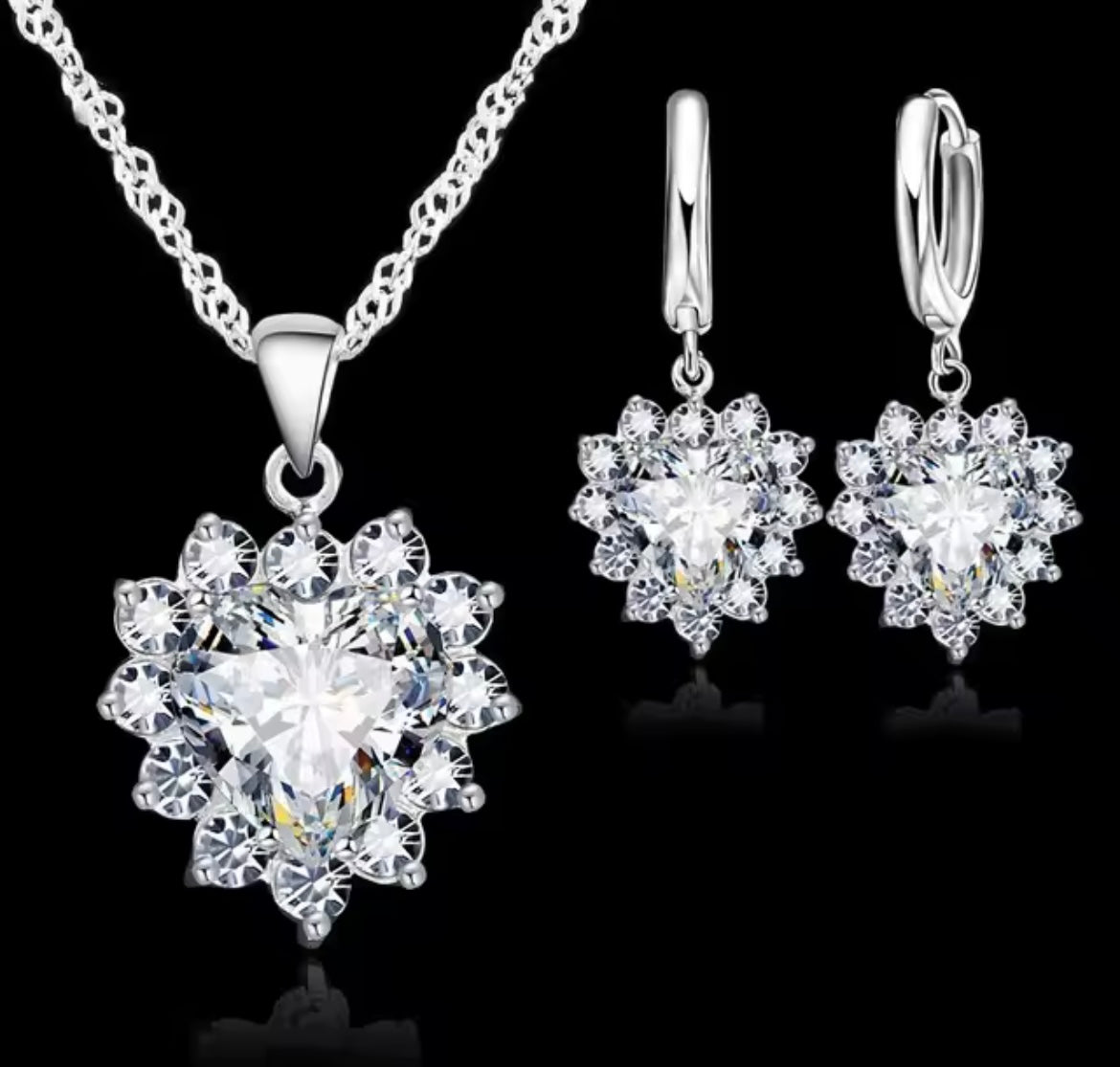 925 Sterling Silver Heart Necklace & Earring Set