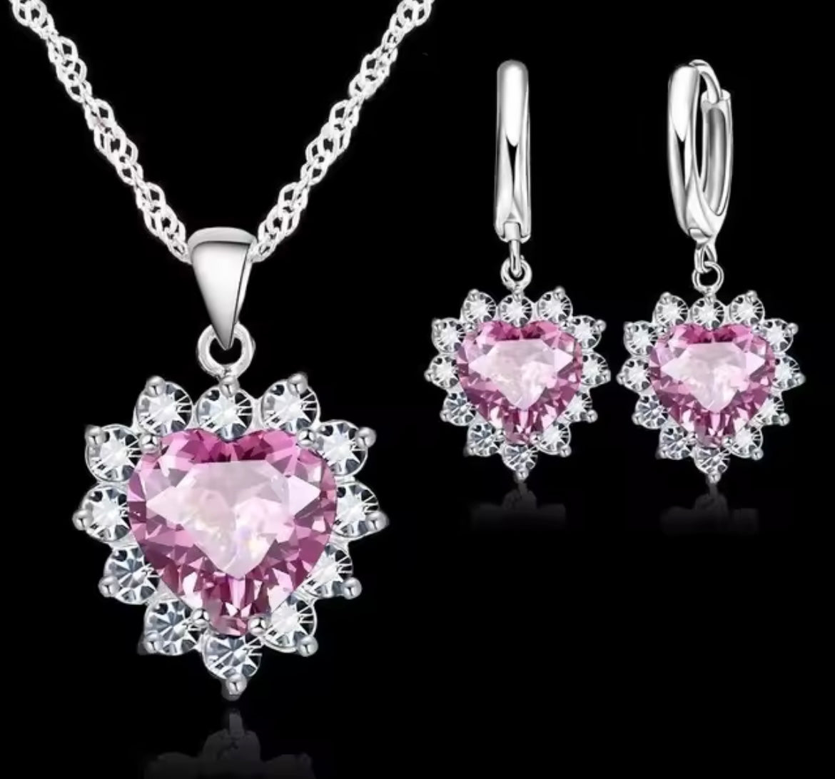925 Sterling Silver Heart Necklace & Earring Set