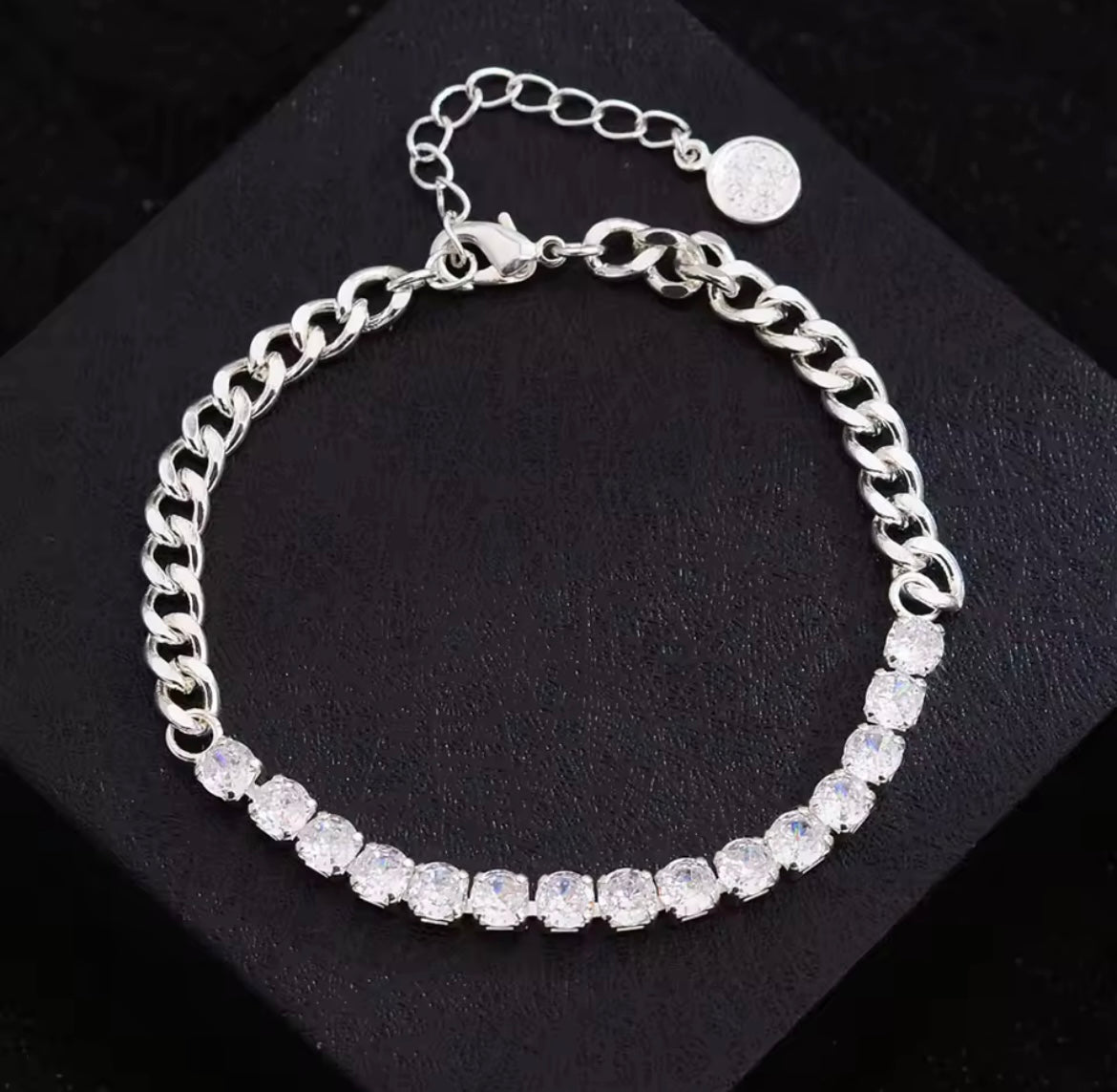 925 Sterling Silver Tennis Cuban Link Round Bracelet