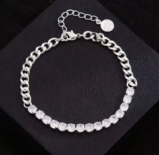 925 Sterling Silver Tennis Cuban Link Round Bracelet