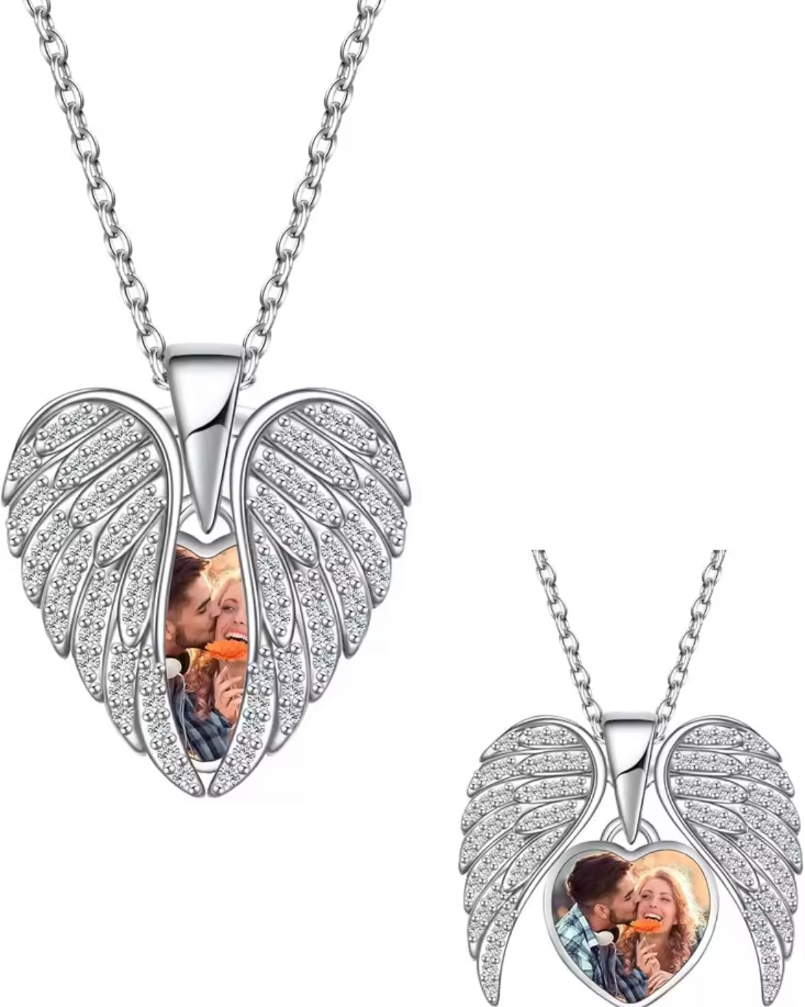925 Sterling Silver Personalised Photo Heart Angel Wing Necklace