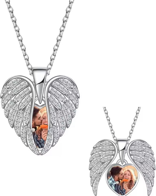 925 Sterling Silver Personalised Photo Heart Angel Wing Necklace