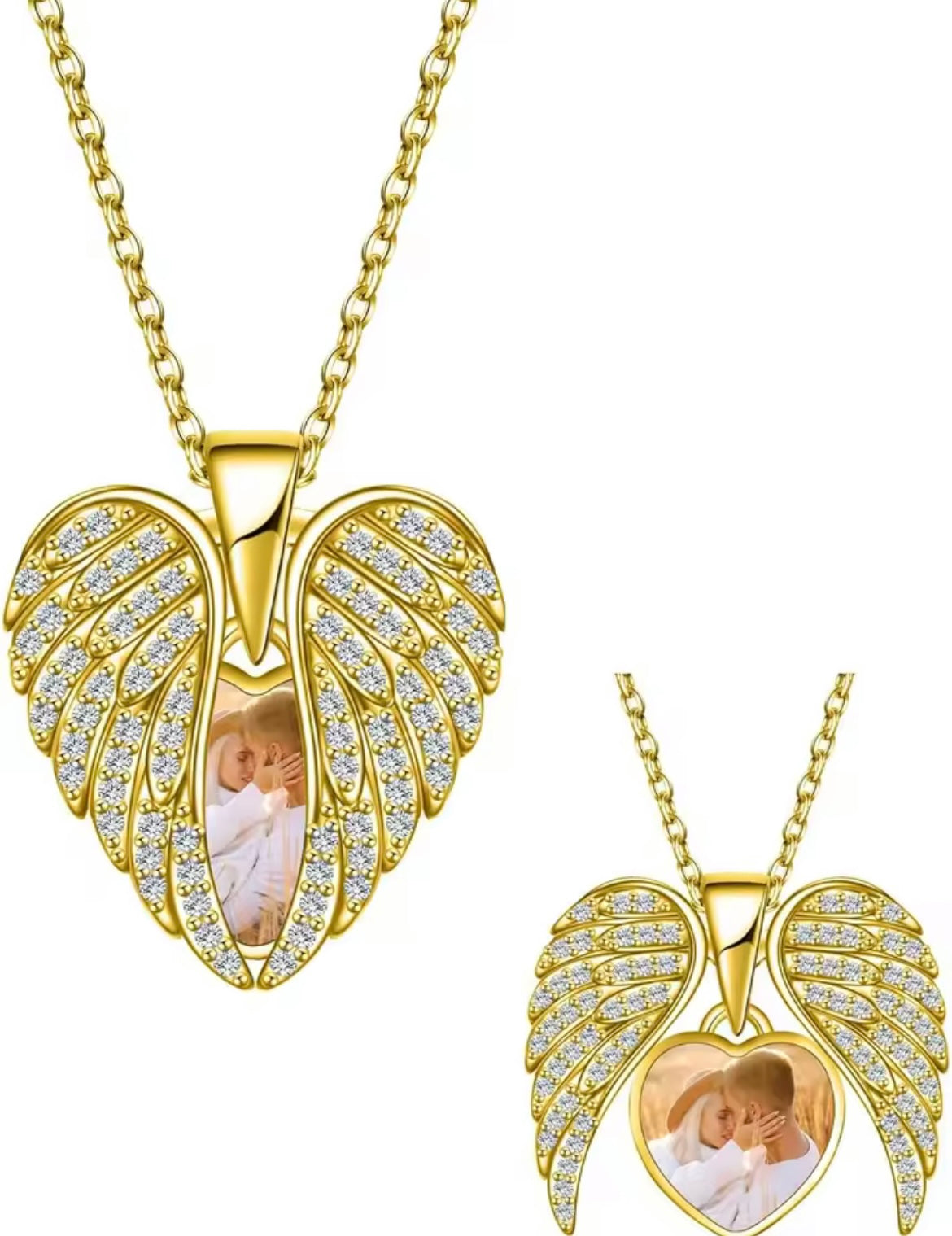 925 Sterling Silver Personalised Photo Heart Angel Wing Necklace