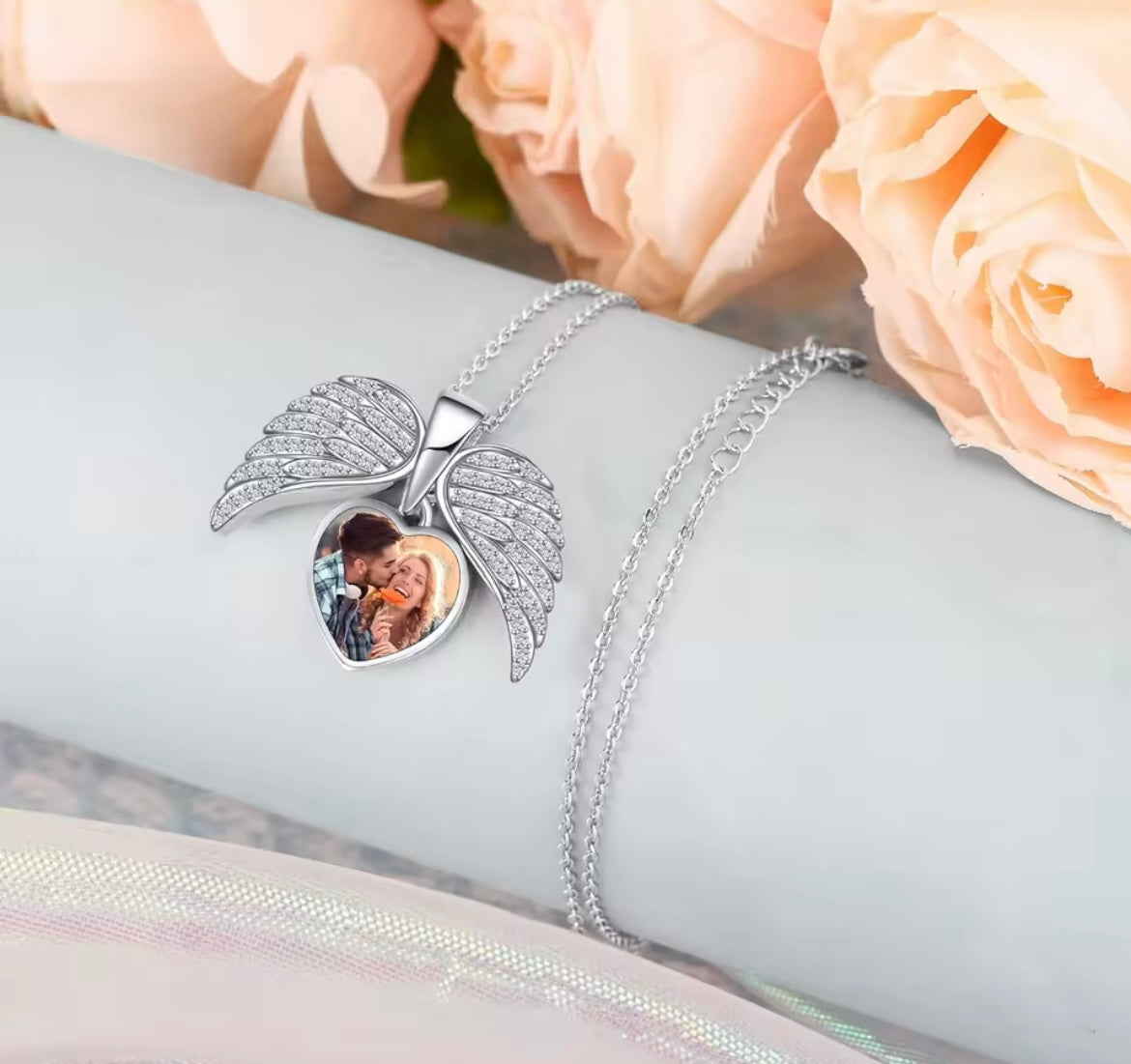 925 Sterling Silver Personalised Photo Heart Angel Wing Necklace