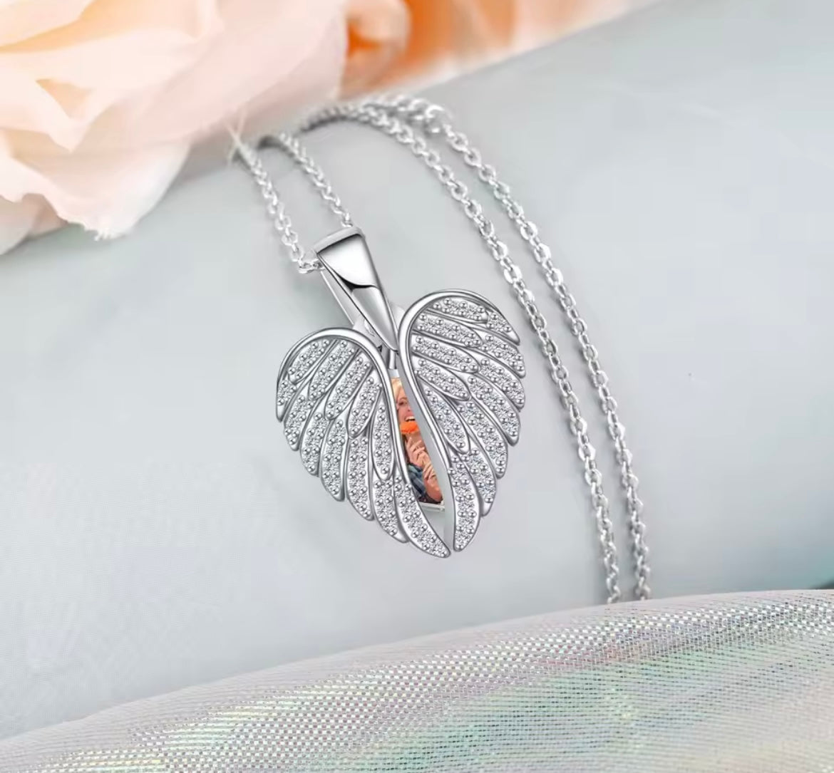 925 Sterling Silver Personalised Photo Heart Angel Wing Necklace