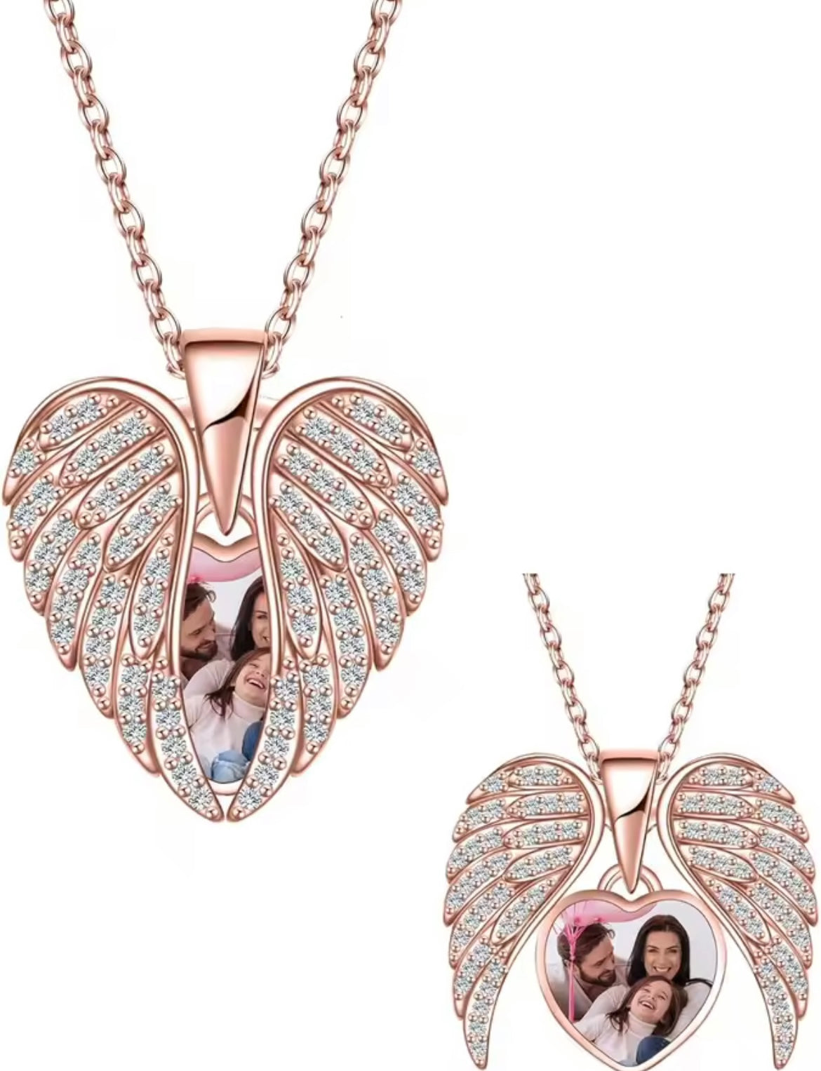 925 Sterling Silver Personalised Photo Heart Angel Wing Necklace