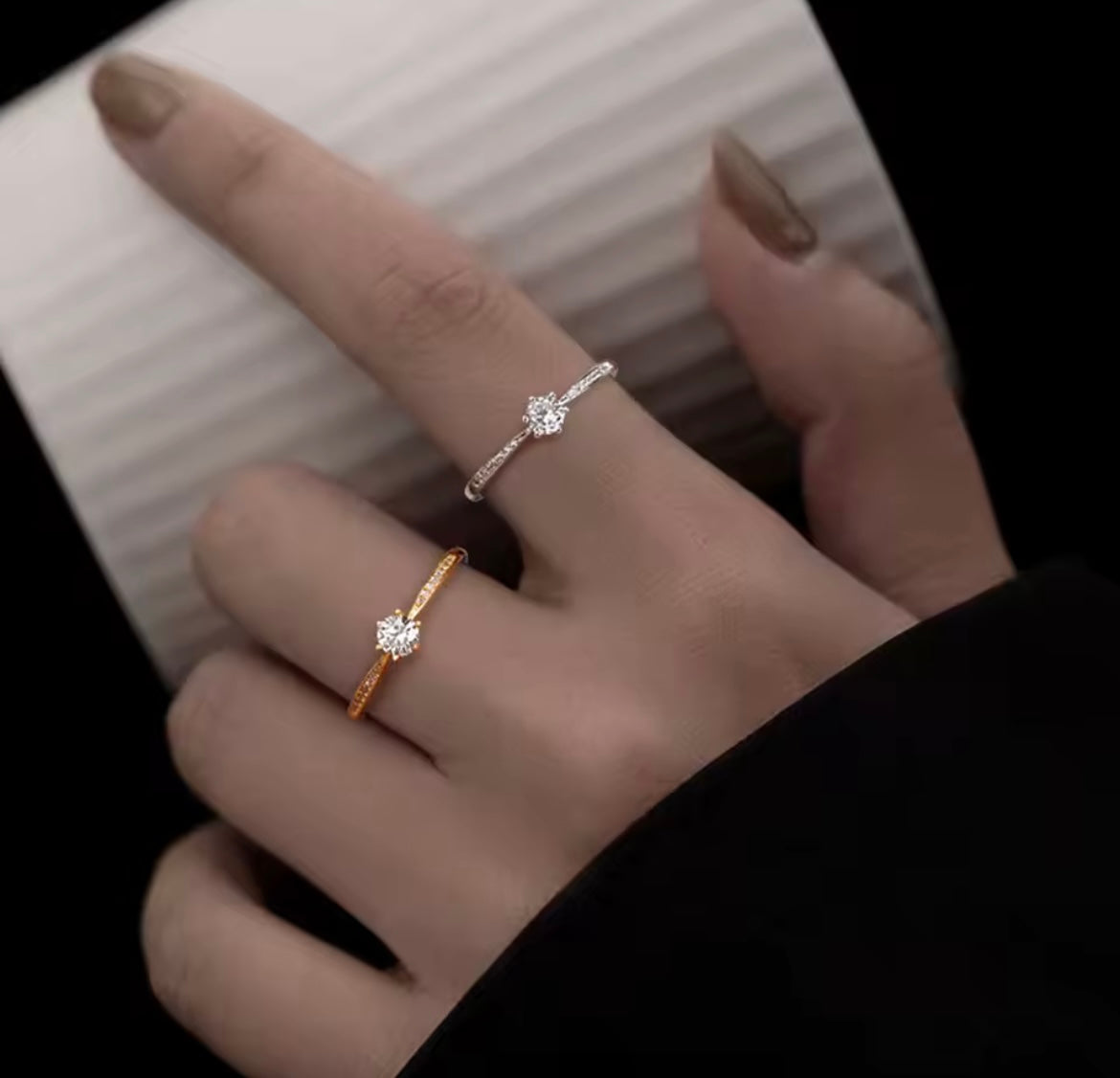 925 Sterling Silver & 14K Gold Round Zircon Ring