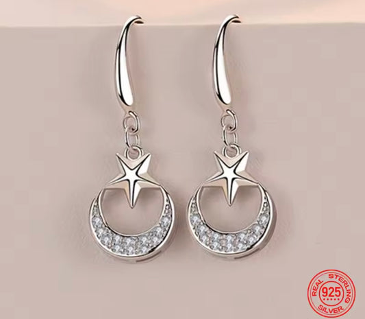 925 Sterling Silver Star Moon Dangle Earrings