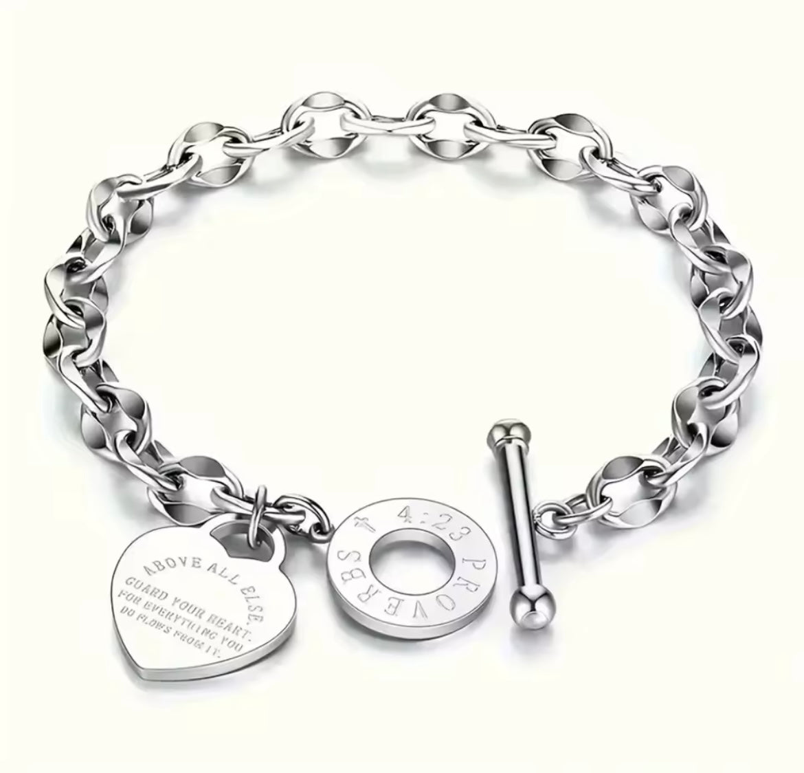 Stainless Steel Bracelet With Heart Pendant, Double Heart OT Buckle