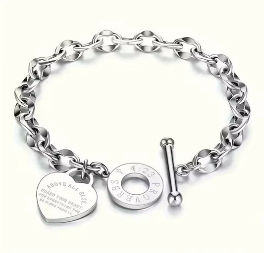 Stainless Steel Bracelet With Heart Pendant, Double Heart OT Buckle