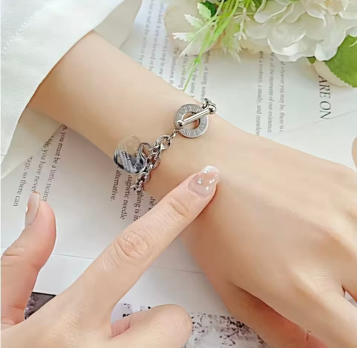 Stainless Steel Bracelet With Heart Pendant, Double Heart OT Buckle