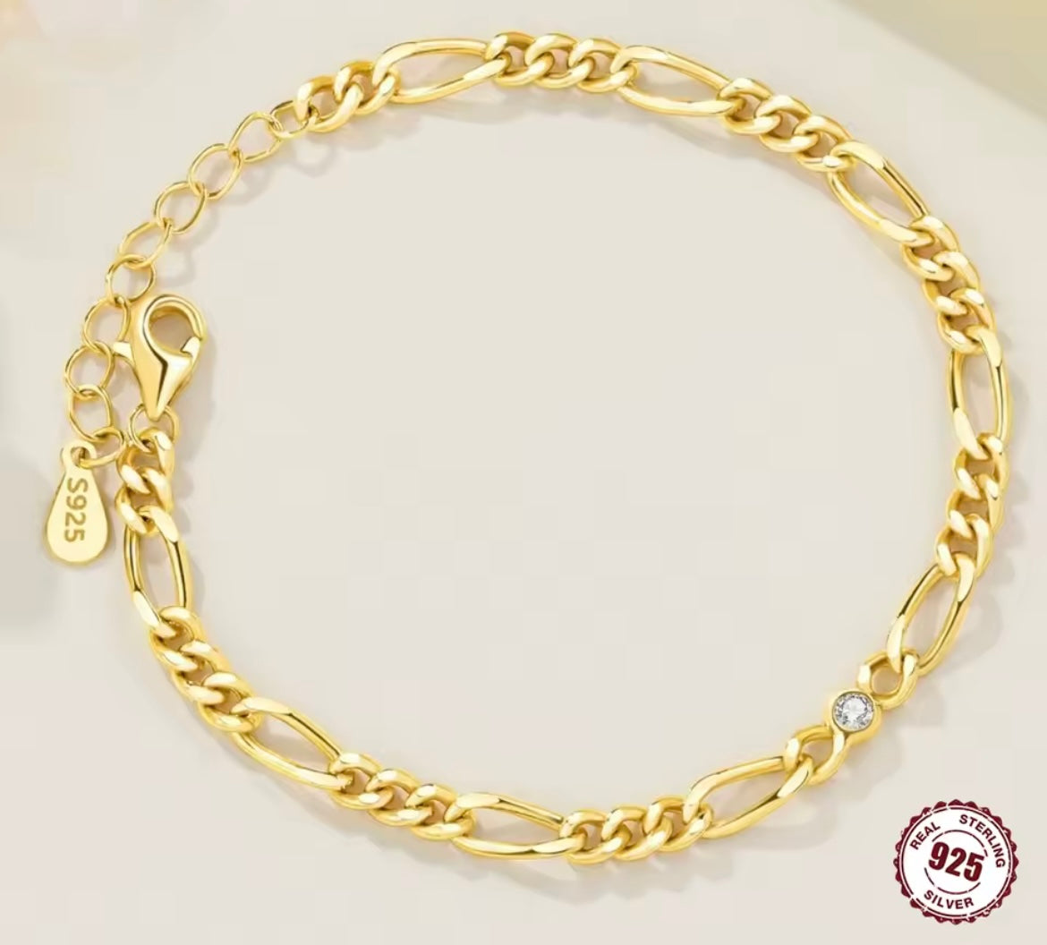 925 Sterling Silver 14K Gold Inlaid Chain Bracelet