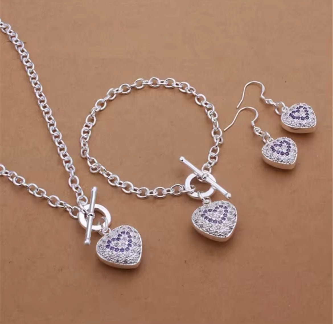925 Sterling Silver Purple Heart Jewellery Set