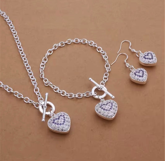 925 Sterling Silver Purple Heart Jewellery Set