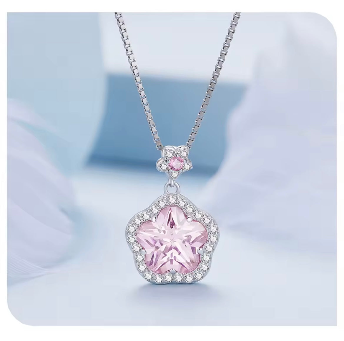 925 Sterling Silver Pink Flower Pendant Necklace