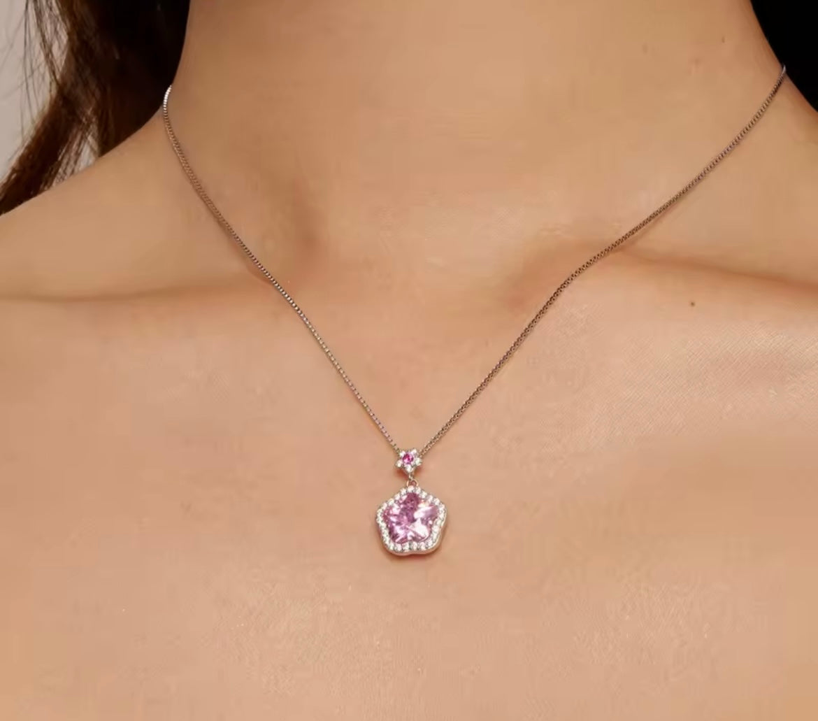 925 Sterling Silver Pink Flower Pendant Necklace