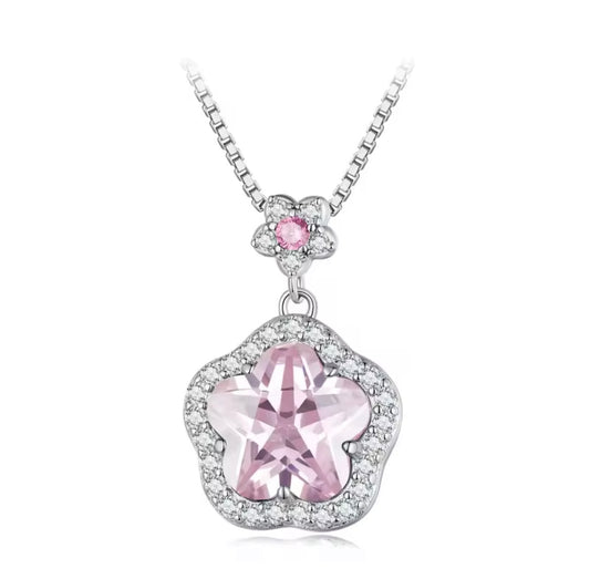 925 Sterling Silver Pink Flower Pendant Necklace