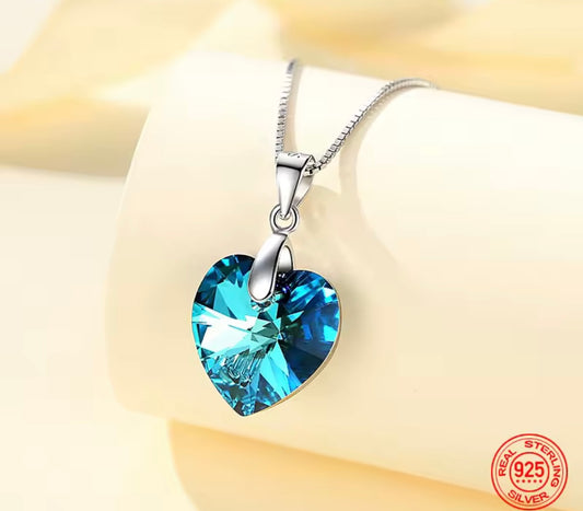 925 Sterling silver blue crystal heart necklace