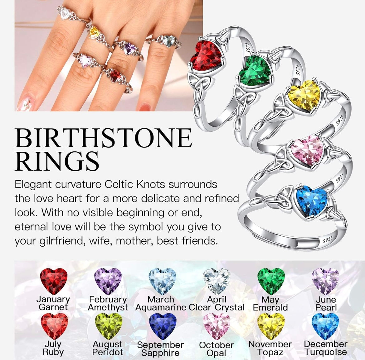 925 Sterling Silver Claddagh Birthstone Rings