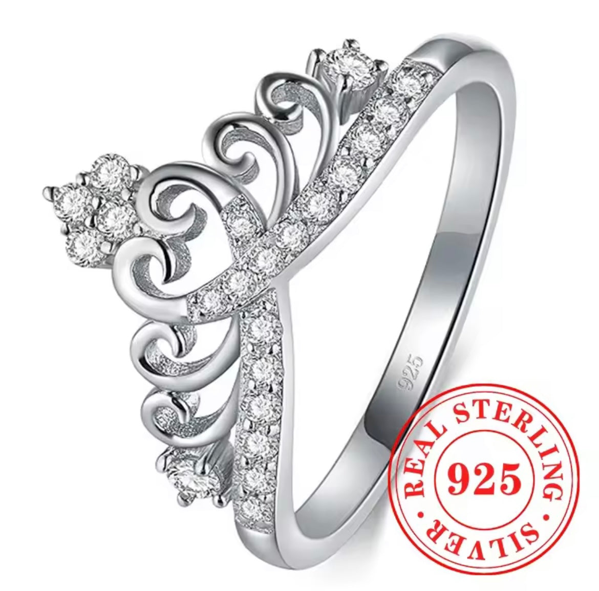 925 Sterling Silver Heart Crown Ring