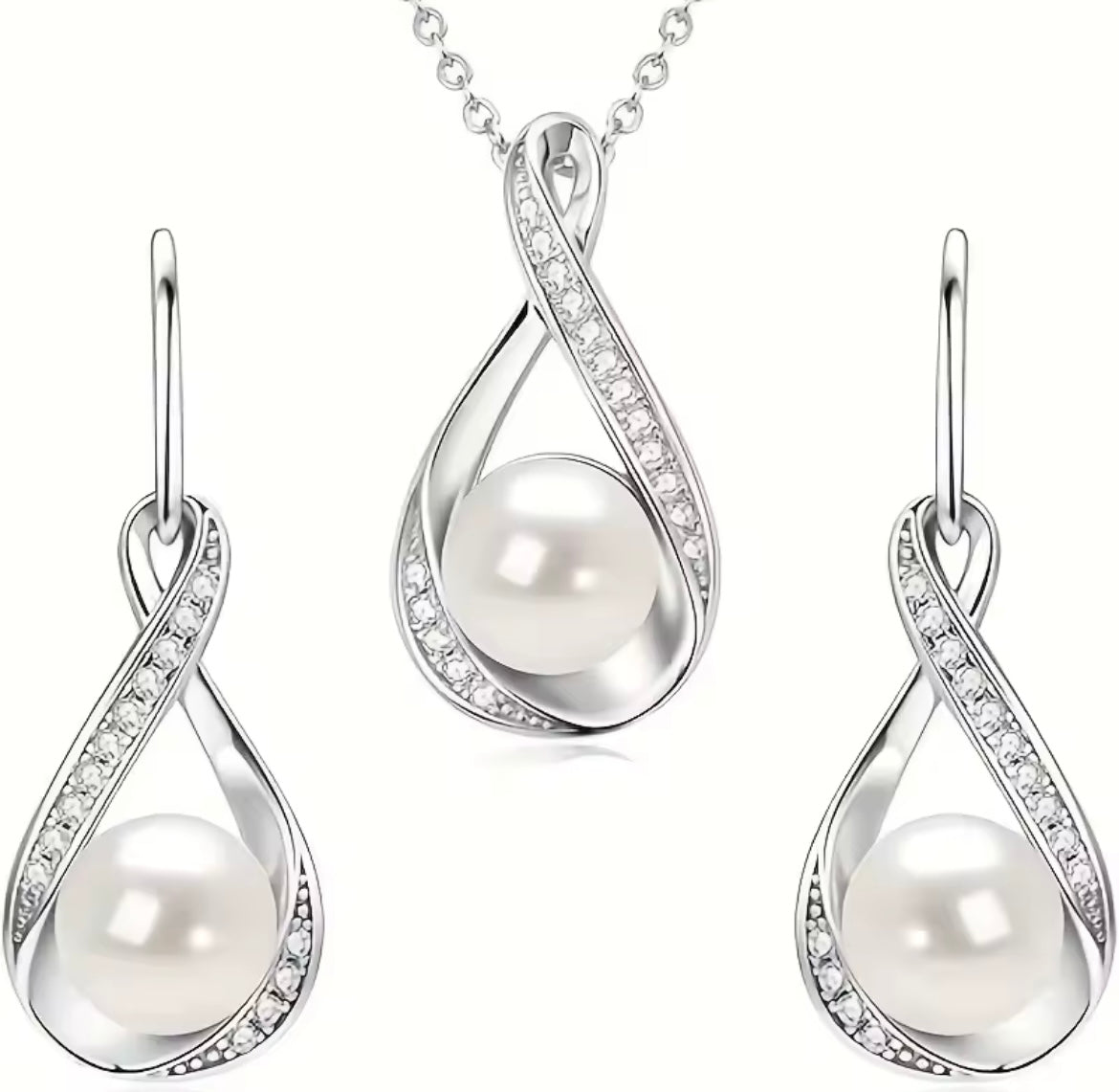 925 Sterling Silver Moissanite Natural Freshwater Pearl Pendant Necklace & Earrings Set