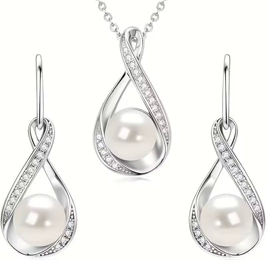 925 Sterling Silver Moissanite Natural Freshwater Pearl Pendant Necklace & Earrings Set