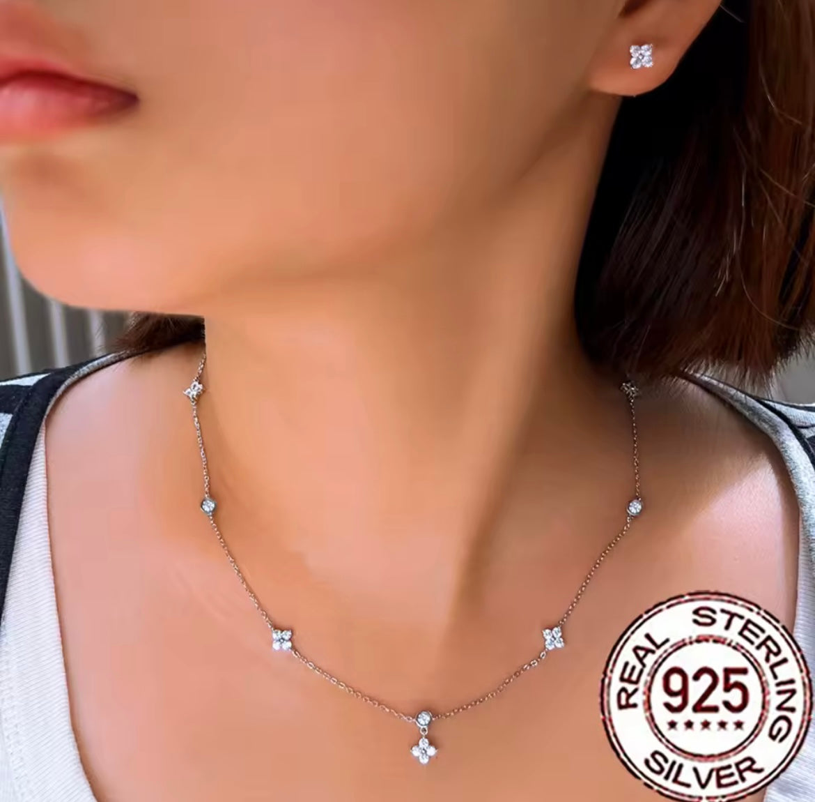 925 Sterling silver Four Leaf Flower Necklace Earrings Set