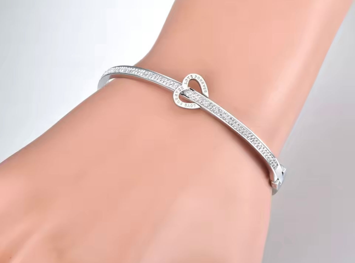 Stainless Steel Love For Ever Rhinestone Cuff Bangles Bracelet