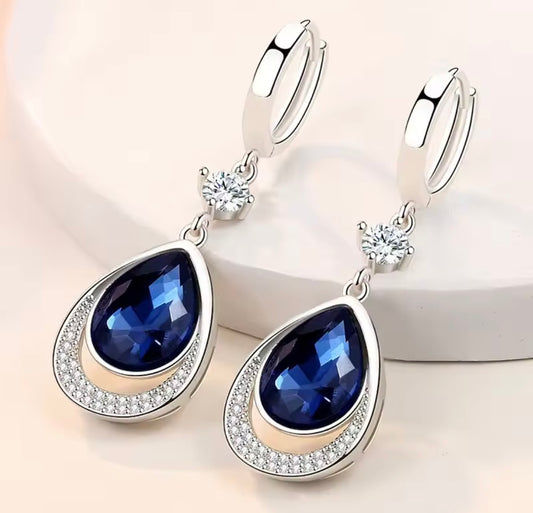 925 Sterling Silver Oval Sapphire Drop Earrings