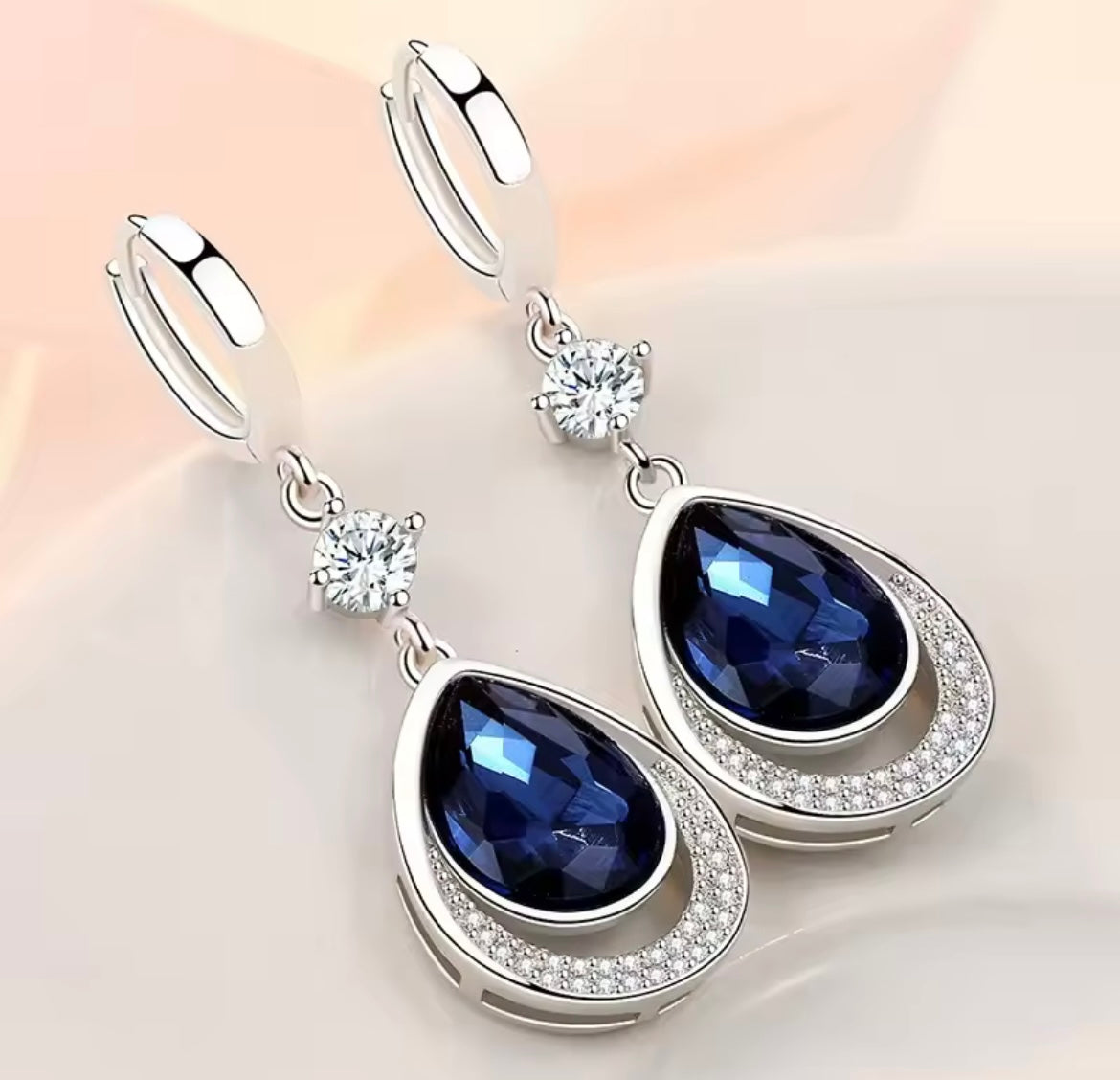 925 Sterling Silver Oval Sapphire Drop Earrings
