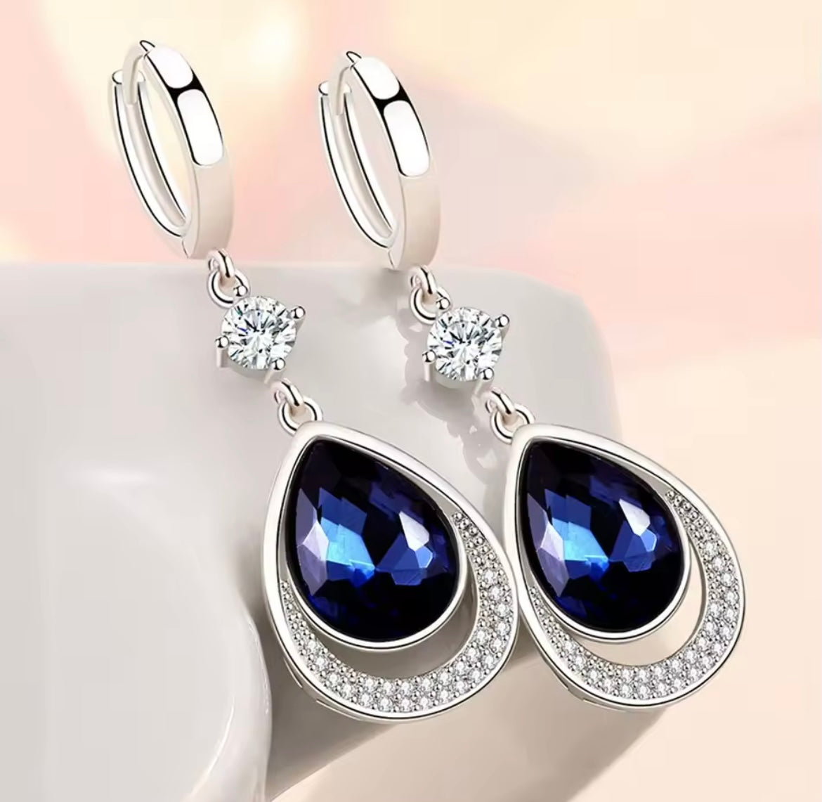 925 Sterling Silver Oval Sapphire Drop Earrings
