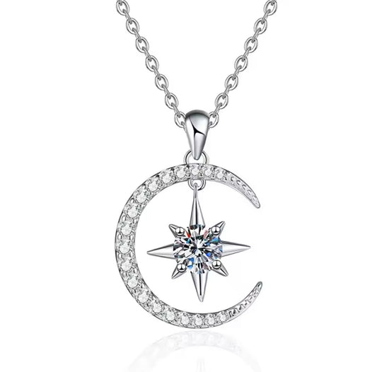 925 sterling silver 0.5 carat moissanite necklace, star and moon