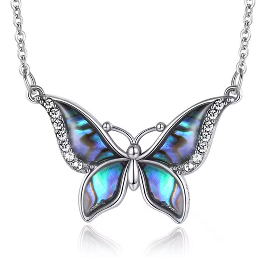 925 Sterling Silver Abalone Shell Blue Butterfly Crystal Necklace