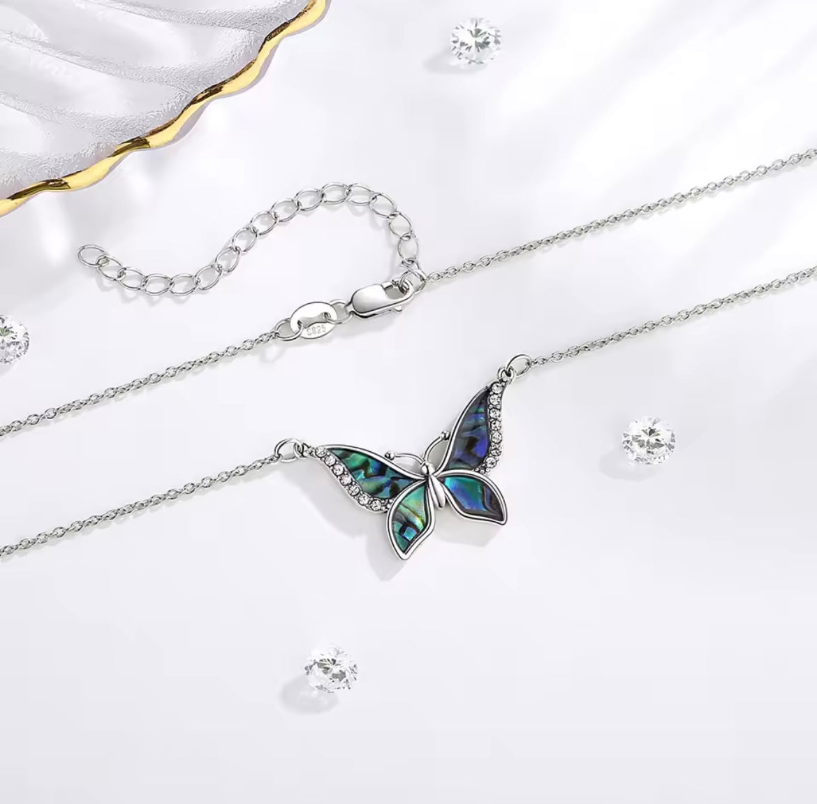 925 Sterling Silver Abalone Shell Blue Butterfly Crystal Necklace