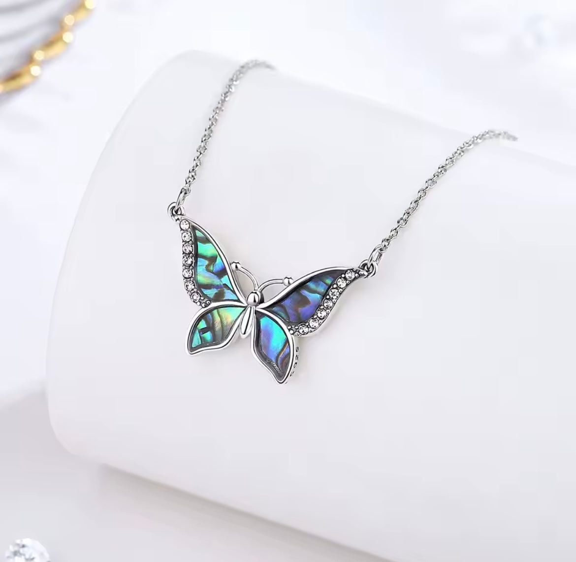 925 Sterling Silver Abalone Shell Blue Butterfly Crystal Necklace