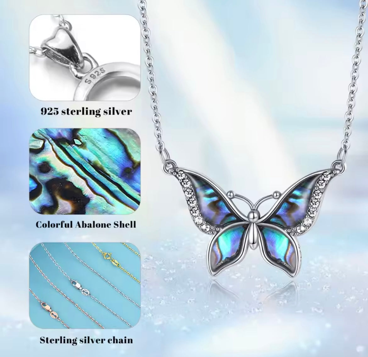 925 Sterling Silver Abalone Shell Blue Butterfly Crystal Necklace