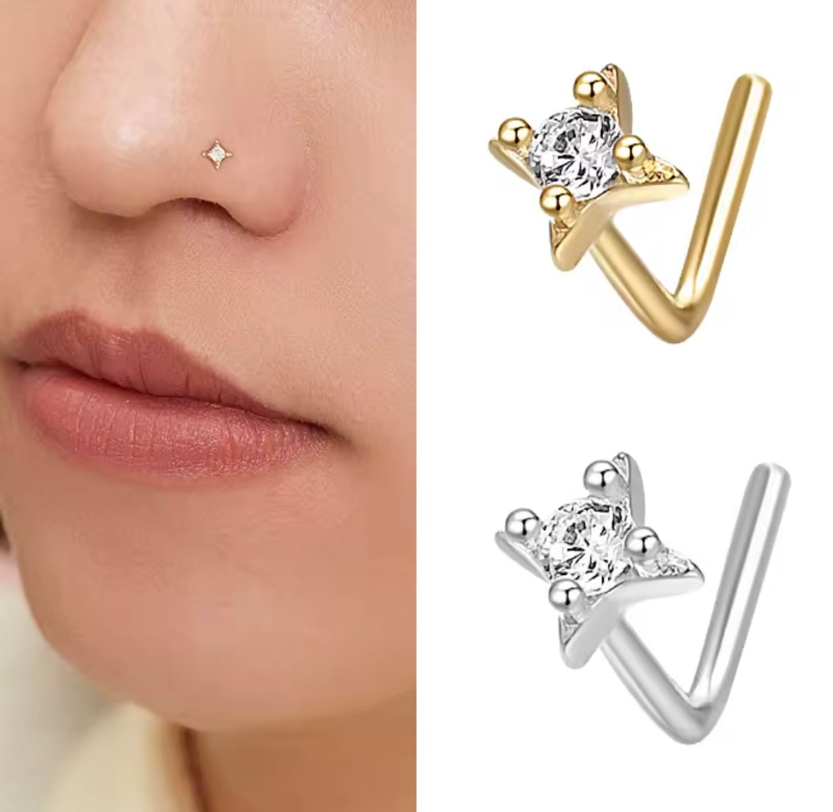 S925 sterling silver L-bar four-pointed star zircon nose  piercing