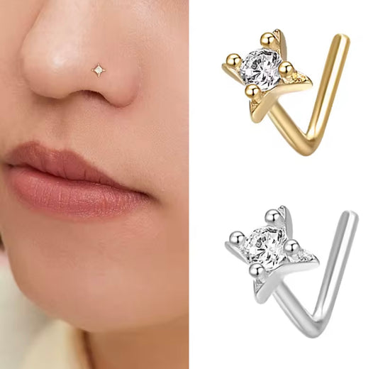 S925 sterling silver L-bar four-pointed star zircon nose  piercing