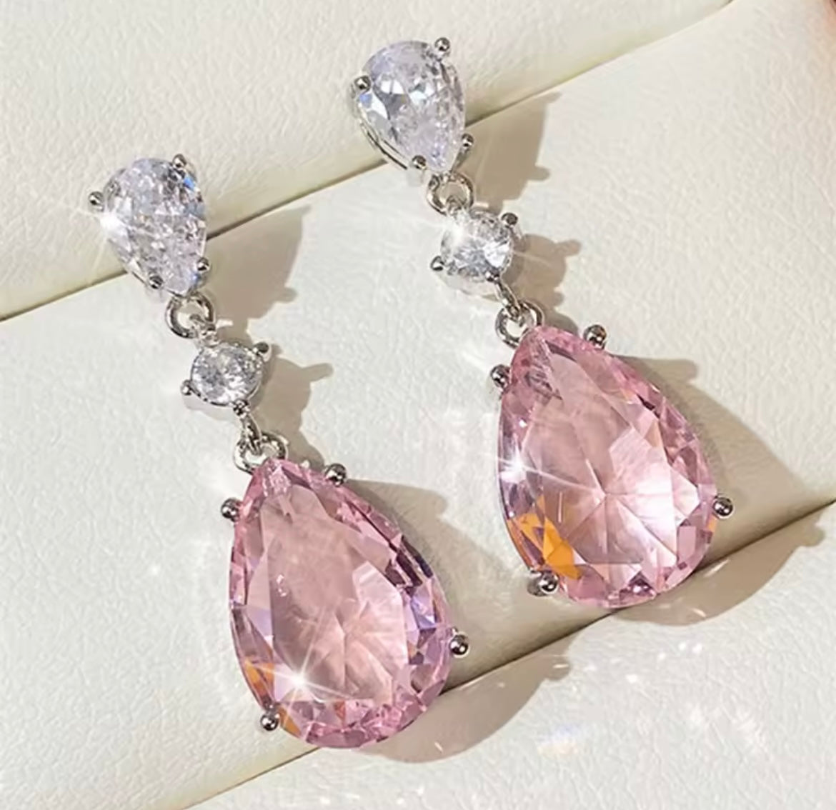 925 Sterling Silver Sweet Pink Pear Cubic Zirconia Drop Earrings