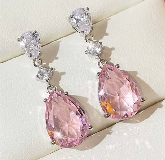 925 Sterling Silver Sweet Pink Pear Cubic Zirconia Drop Earrings