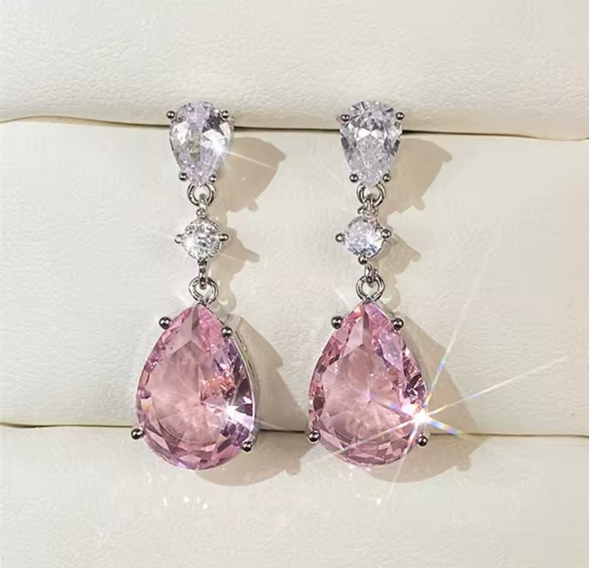 925 Sterling Silver Sweet Pink Pear Cubic Zirconia Drop Earrings