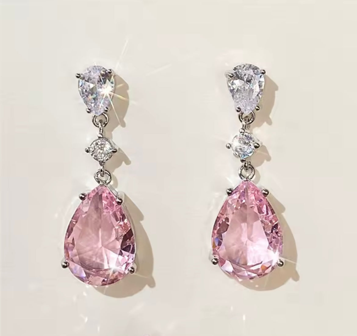 925 Sterling Silver Sweet Pink Pear Cubic Zirconia Drop Earrings