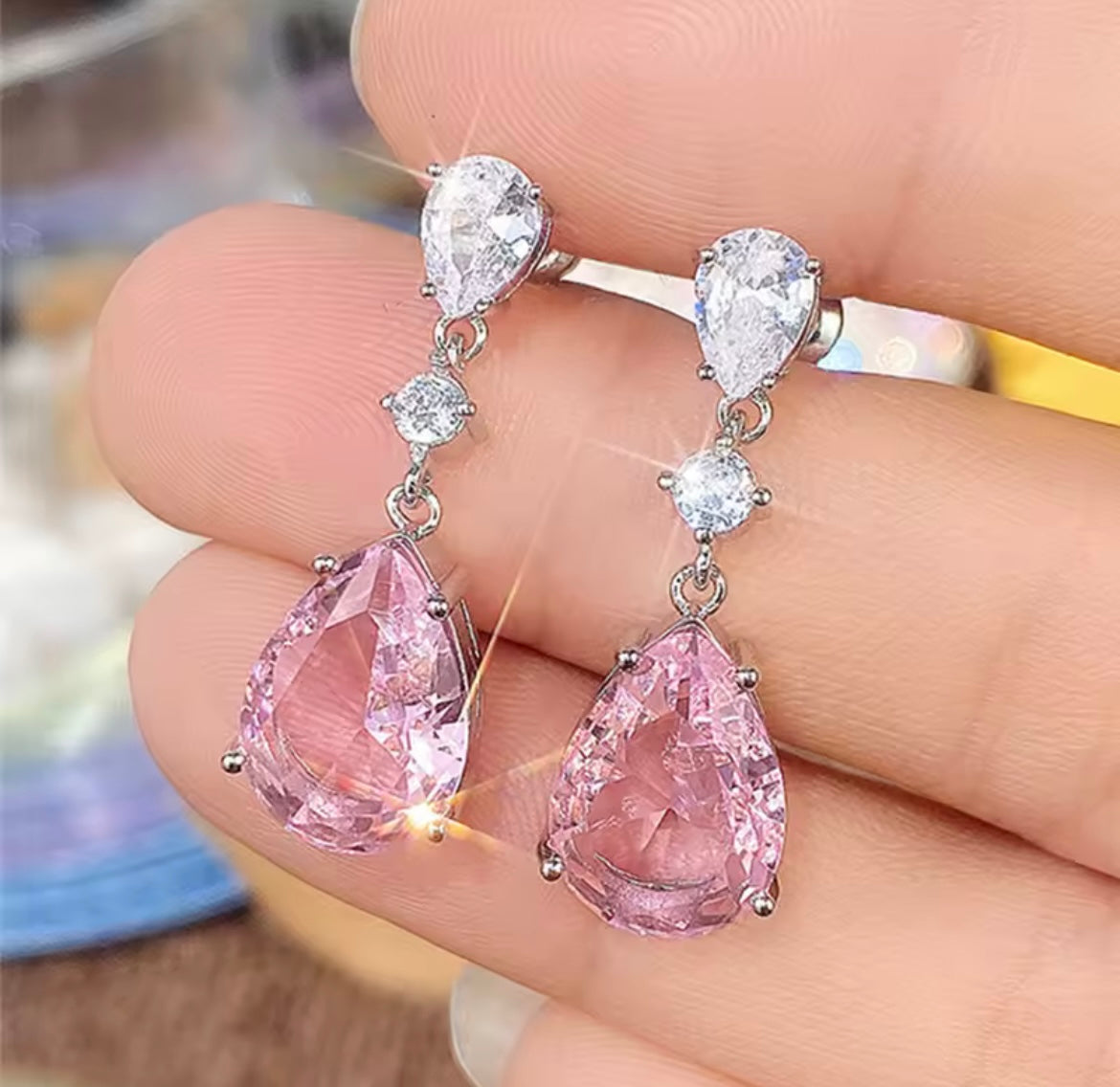 925 Sterling Silver Sweet Pink Pear Cubic Zirconia Drop Earrings