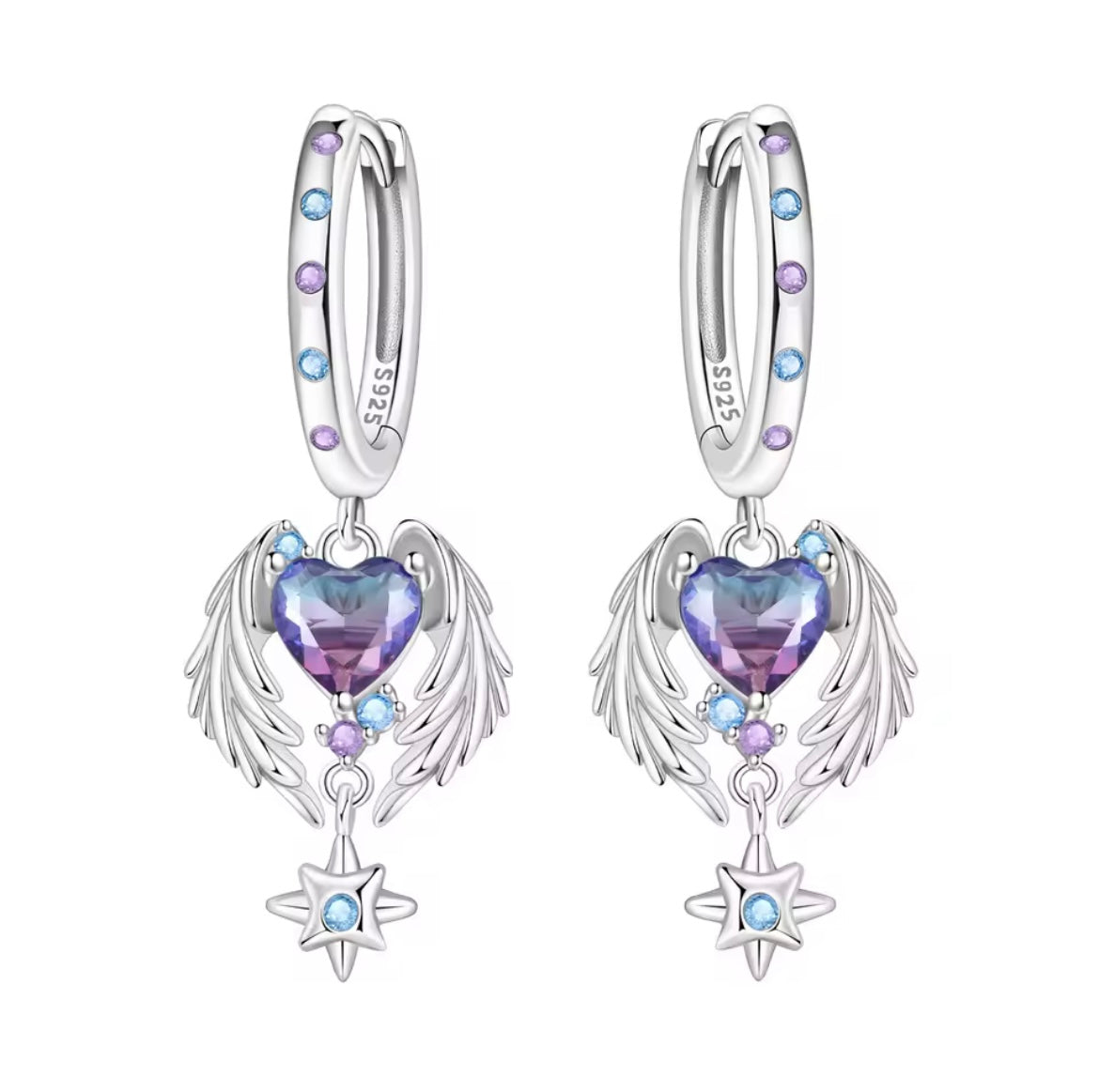 925 Sterling Silver Wings Guardian Love Heart Drop Earrings