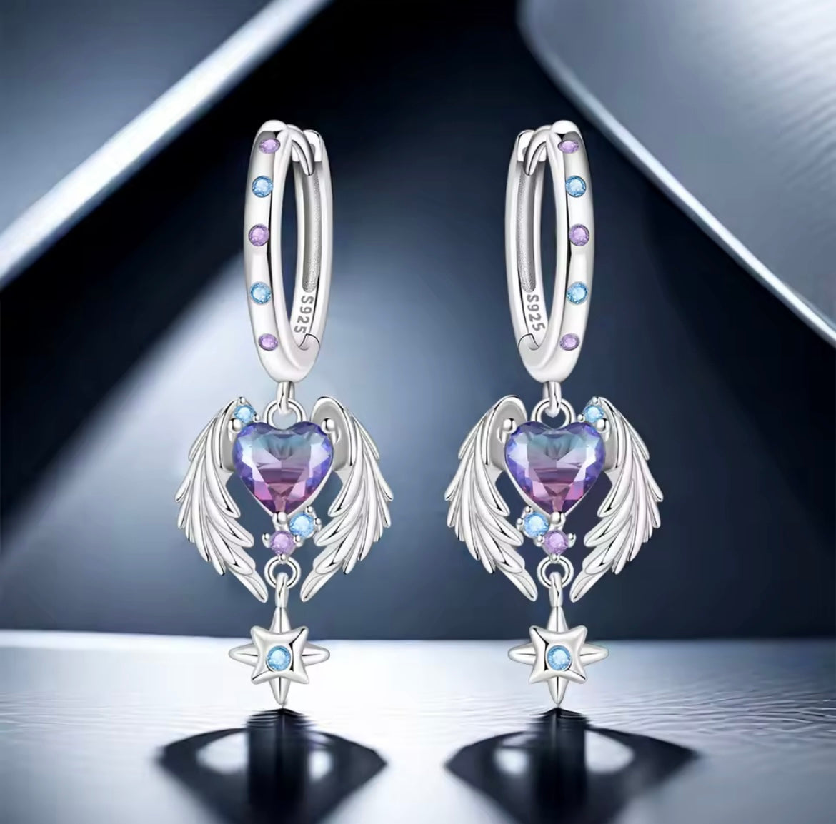 925 Sterling Silver Wings Guardian Love Heart Drop Earrings