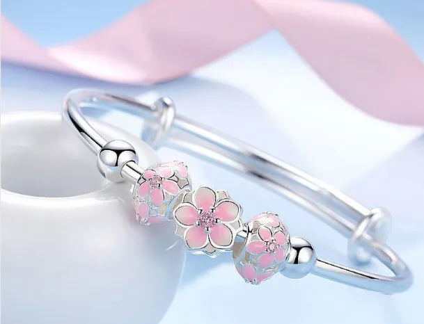 925 sterling silver cherry blossom bangle bracelet