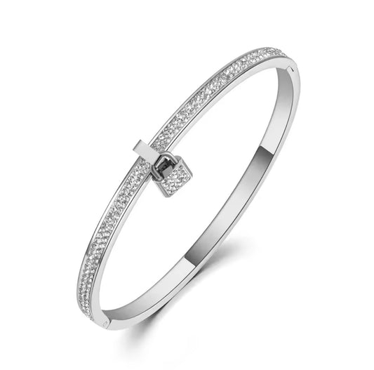 Stainless Steel Crystal Lock Charm Bangle
