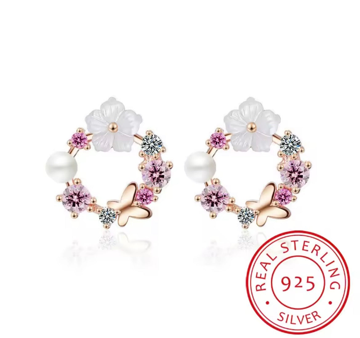 925 Sterling Silver Butterfly & Floral Stud Earrings with Pearl & Crystal Accents